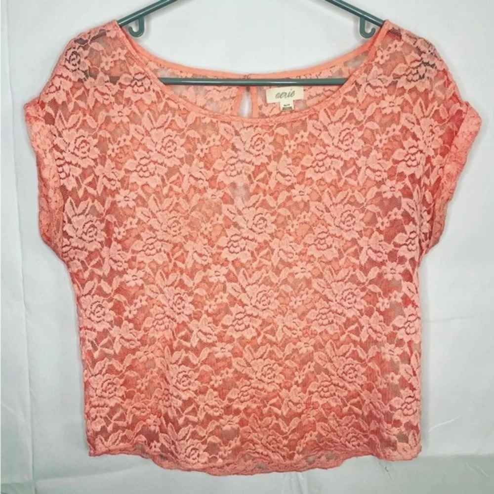 Aerie | Floral Lace Top W/ Keyhole Detail | Coral/Pink | Extra Small